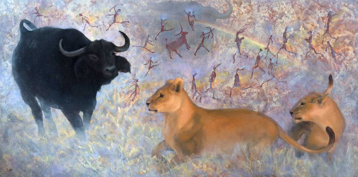 Картина маслом со львами и быком, купить в СПб