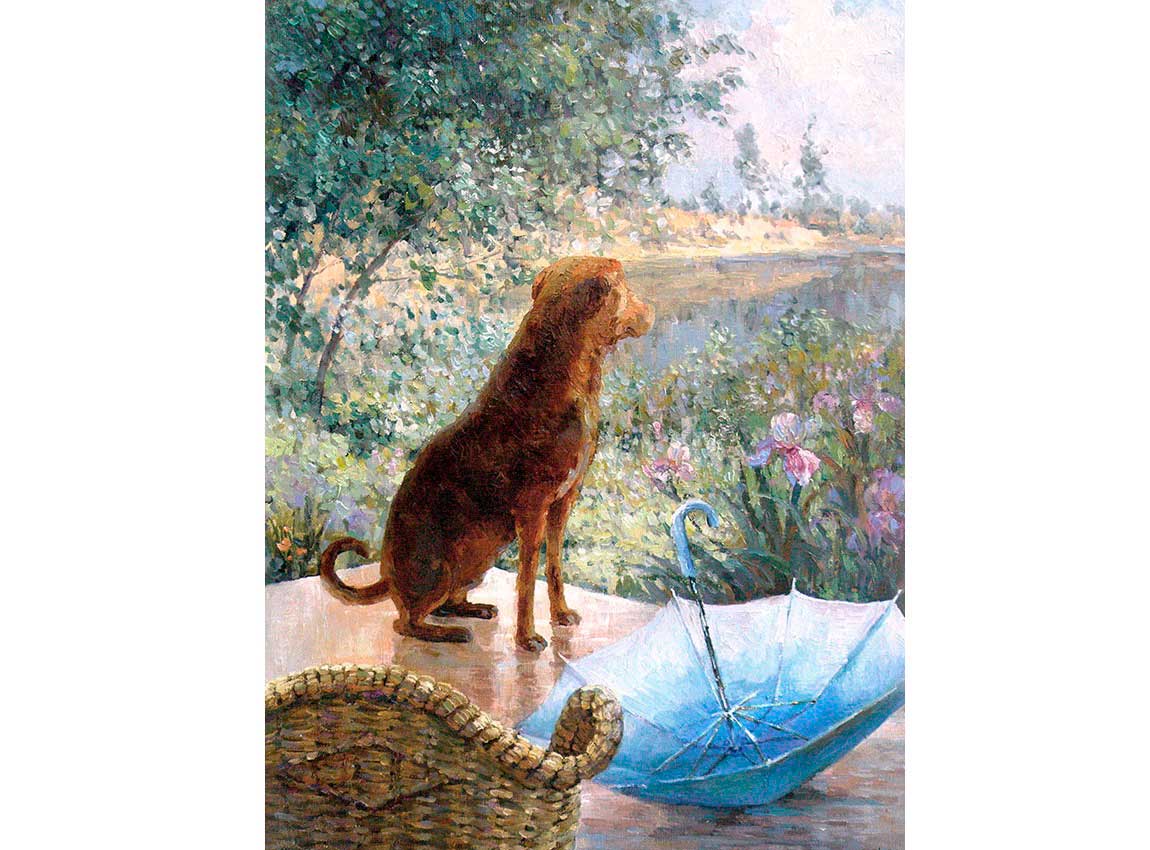 Картина с собакой и зонтом художника Елены Бартеневой