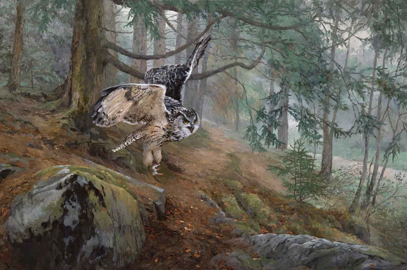 картина летящая сова в лесу, автор Елена Бартенева